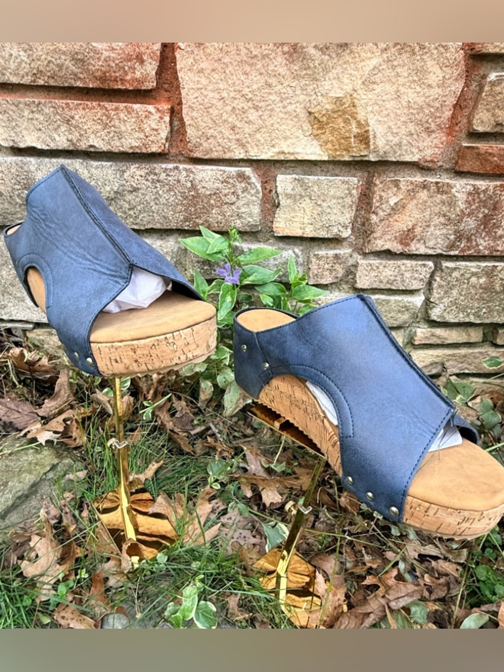 Women’s Blue Cork Wedge Slide Sandals with side studs Sz. 39 US 8 NWT